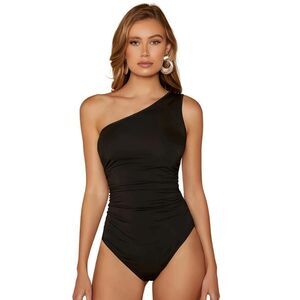 Black One-Shoulder Bodysuit | Ruched Slimming Swimwear for Women